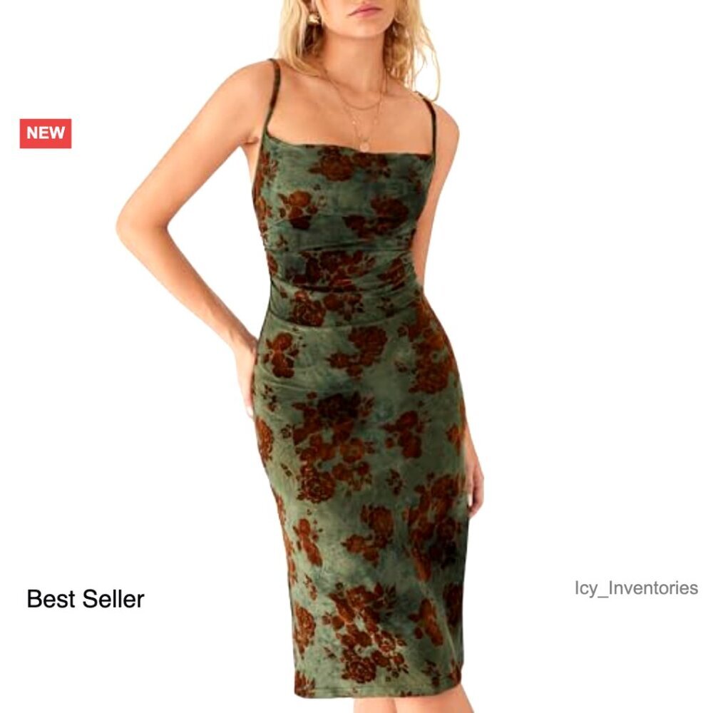 Velvet Midi Dress Elegant Chic Sleeveless Ruched Club Party Wedding Guest - Picture 3 of 6